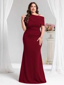 Coutiva Plus Size Women Rhinestone Decor Ruched Oblique Shoulder Short Sleeve Formal Evening Gown - Redwood - View 4