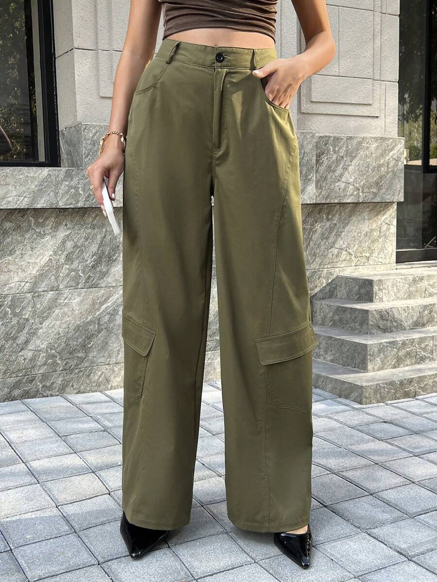 Chiquease Women's Straight Leg Multi-Pocket Cargo Pants - Army Green - View 1
