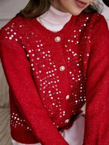 LanaWest 女士休闲串珠纽扣开衫，秋冬 - 紅色 - 查看 7