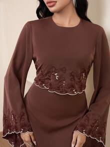 Veilorie Elegant damklänning med broderad utsvängd ärm i arabisk stil, höst - Kaffebrun - Visa 2