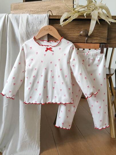 Vintaside Kids Baby Mädchen Rundhals Langarm T-Shirt mit Schleifen Muster und gerade geschnittene lange Hose für Herbst und Winter, süß und niedlich im Landhausstil. Geeignet für Schule, Entspannen Zuhause, Hochzeiten und Festivalveranstaltungen