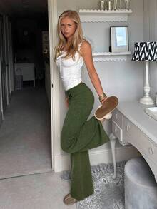 CovetEZ Women's Army Green High Waist Button Design Wide Leg Knit Pants,Casual Lounge Wide Leg Sweatpants,Autumn Winter Bell Bottom Flared Comfy Pants - Army Green - View 5