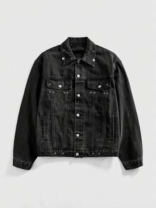 ROMWE MEN Casual Street Punk Metal Ring Embellished Long Sleeve Denim Jacket, Essential Streetwear For Men - Black - View 1