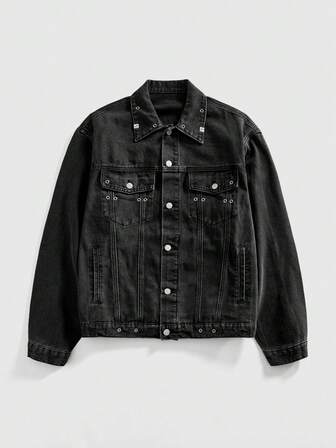 Street Life Street Punk Metal Ring Embellished Denim Jacket, Essential Streetwear For Men