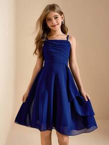 Elegant Luxurious Navy Blue Spaghetti Strap Mid-Length Fitted Formal Dress For Tween Girl, Suitable For Evening Party, Banquet, Birthday, Performance, Vacation, Wedding, Flower Girl, Prom, Back To School, Christmas, Other Occasions