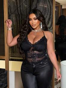 NU&NOW 大码女式细肩带 V 领蝴蝶结荷叶边拼接复古可爱透明蕾丝吊带背心 - 黑色 - 查看 7