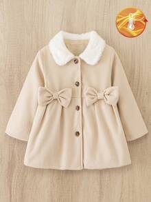 Genkimix Kids 女童纽扣大衣，毛领，手工蝴蝶结腰身设计，冬季款 - 卡其色 - 查看 1