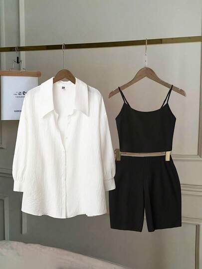 Franclia 大码女式 3 件套：白色休闲办公衬衫夹克 + 黑色吊带背心 + 黑色休闲短裤