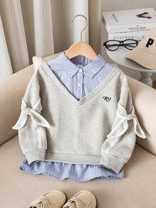 Genkimix Kids 女童条纹二合一衬衫领长袖休闲卫衣，时尚冬季款 - 灰色 - 查看 7