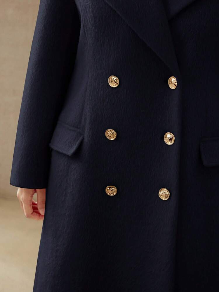 PLUS WOOL ELEGANT LAPEL COLLAR CINCHED WAIST METAL BUTTON OVERCOAT, AUTUMN/WINTER