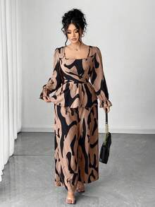 Elenzga 2 件女式套装：方领长袖印花衬衫和休闲宽松松紧腰裤，服装 - 彩色 - 查看 7