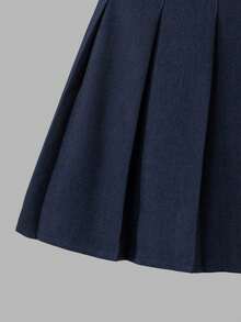 Sweetra 青少年女孩纯色褶饰短款休闲裙，适合度假、夏季、旅行 - 藏蓝色 - 查看 3