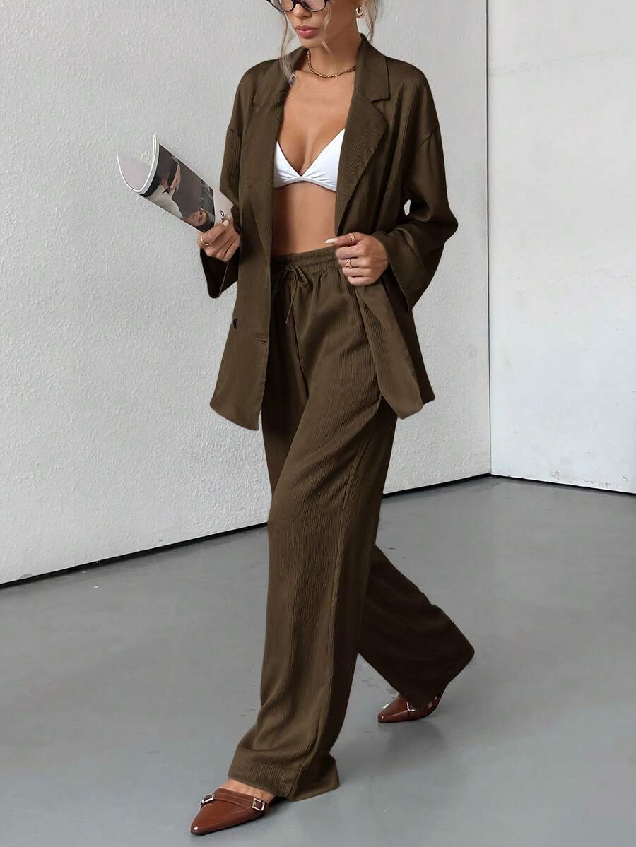 Aveloria Modichic 女士秋季两件套纹理套装休闲纽扣衬衫阔腿裤套装家居服运动服优雅商务休闲女装