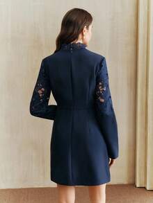 Anewsta Elegant Embroidered Floral Short Waist-Cinched A-Line Long Sleeve Dress For Women - Navy Blue - View 2