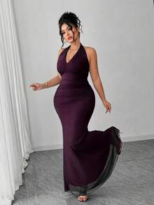 Elenzga Đầm đỏ hồng thanh lịch ôm sát dáng đuôi cá xếp ly cổ chữ V nhún bèo bằng vải lưới lót bên trong dành cho nữ cỡ lớn, thích hợp cho ngày Valentine; đầm dạ hội trễ vai gợi cảm hở lưng màu đỏ, thích hợp cho các buổi tiệc tùng mùa thu/đông; - Màu tím - Xem 3