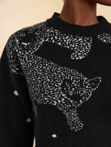 Lyxana Leopard Polka Dot Jacquard Knit Pullover Sweater, Loose Fit Round Neck Long Sleeve, Fashionable & Elegant Daily Wear For Women, Autumn/Winter - Multicolor - View 5