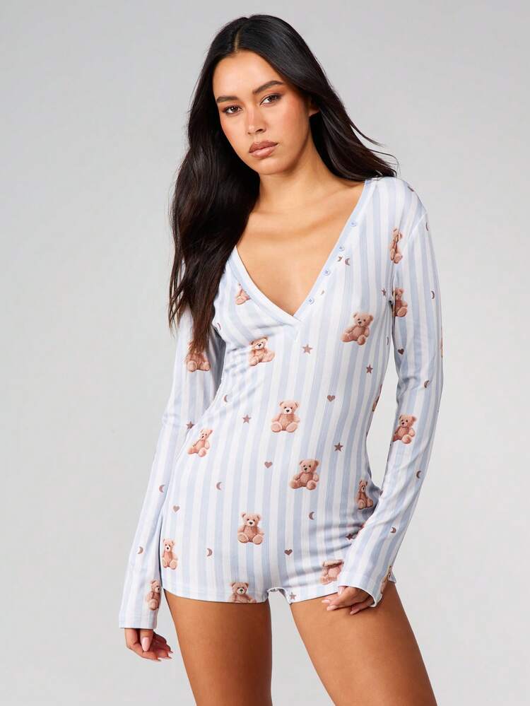 MISSGUIDED Christmas Teddy Bear Print Striped Long Sleeve V-Neck Romper For Women Cute Pajama Sleepwear Loungewear