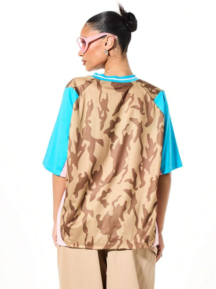 SUMWON WOMEN Camo Raglan Sleeve Tee With Color Block Panels