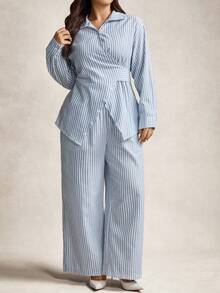 Zelara Conjunto de 2 piezas de top de manga larga y pantalones a rayas de estilo minimalista y talla grande, para uso casual diario - Azul y blanco - Ver 3