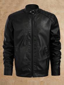 Manfinity NXTstreet Herren Einfarbige Langarm Reißverschluss Kragen PU Leder vielseitige bequeme Lässig Jacke - Schwarz - Übersicht 3