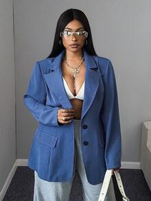 Maweii Áo khoác blazer màu trơn đơn hàng khuy đơn thời trang thường ngày dành cho nữ cỡ lớn, gợi cảm - Màu xanh lam - Xem 4