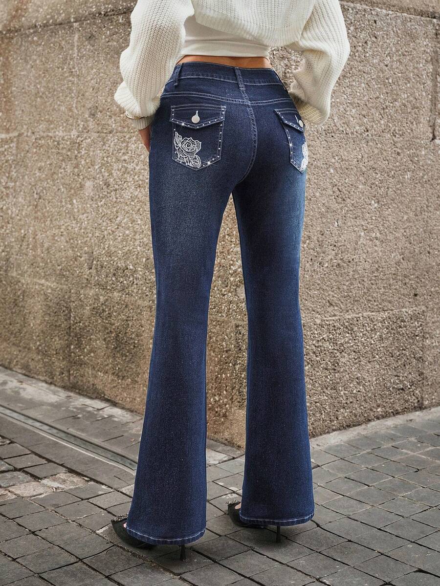 Selenza Quần jeans ống loe thêu hoa đính đá thời trang thường ngày cho nữ - Màu xanh lam - Xem 1