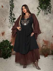 Whyspr Top con corpiño bordado de trigo negro con falda acampanada de cintura alta, estilo gótico vintage punk con tirantes de lazo