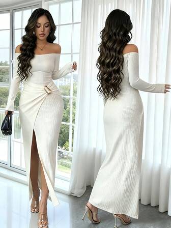 Rafferiza Vestido de fiesta elegante con hombros descubiertos, cintura ceñida y decoración metálica para mujeres, otoño/invierno