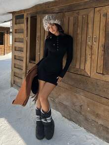SHEIN Unity Vestido de manga larga con cuello en V y decoración de botón de metal, adecuado para otoño/invierno - Negro - Ver 6