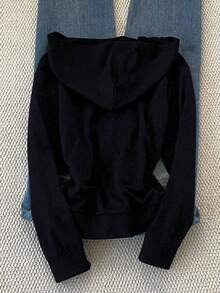 SHEIN Embroidered Hooded Fitted Sweatshirt For Women - Navy Blue - View 2