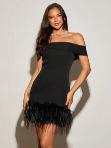 Enchnt Women's Black Summer 70s Party Dress, Off-Shoulder Fluffy Patchwork Elegant Mini Dress, Fashionable Chic&Elegant Birthday Christmas Outfit - Black - View 5