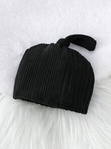 SHEIN Newborn Ribbed Knit Casual Long Sleeve Jumpsuit With Round Neck And Shoulder Opening, Comes With Adorable Hat - Black - View 6