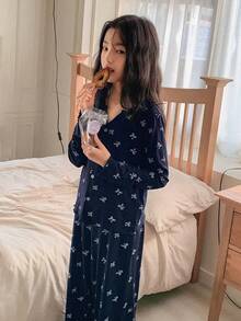 Dazy Kids Tween Girl Butterfly Print Long Sleeve & Pants Pajama Set - Navy Blue - View 4