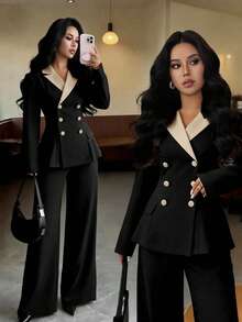 Elenzga 女士优雅通勤优雅长袖撞色腰部 A 字长西装套装，适合日常穿着、工作通勤和多种场合，春秋季 - 黑色 - 查看 1