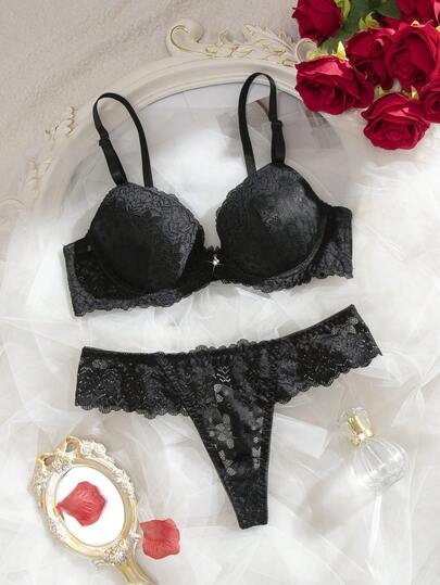 2pcs Lace Padded Underwire Bra Set For Women