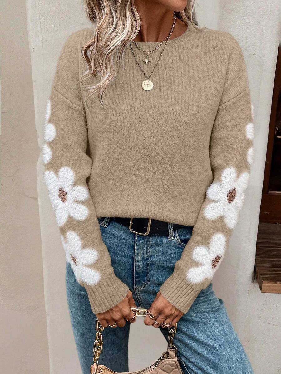 EMERY ROSE Áo len họa tiết hoa thường ngày dành cho nữ, Thu/Đông - Màu Khaki - Xem 1