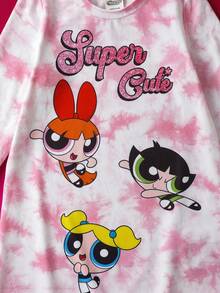 THE POWERPUFF GIRLS X SHEIN 少女甜美可爱扎染卡通图案圆领长袖针织连衣裙 - 粉色 - 查看 5