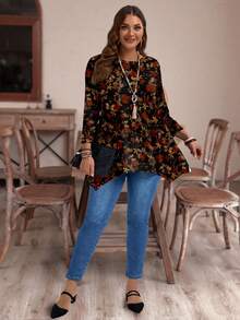 EMERY ROSE Kaos Lengan Panjang Longgar Kasual Minimalis Motif Daun Vintage, Cocok untuk Musim Gugur/Musim Dingin, Ukuran Besar - MultiWarna - View 3