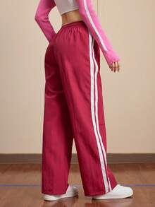 SHEIN Unity 女士撞色条纹抽绳腰运动裤 - 酒紅色 - 查看 2