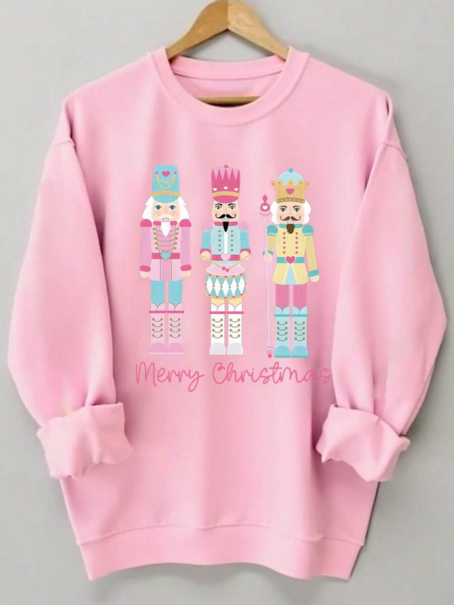 SHEIN LUNE Christmas Round Neck Sweatshirt, Women's Casual Sweatshirt With Nutcracker Pattern, Merry Christmas Sweatshirt, Suitable For Autumn And Winter - Pink - View 1