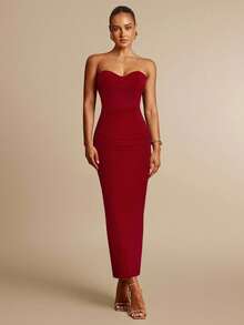 Silquee This Stylish And Sexy Solid Red Strapless Midi Dress With Bust Detailing Is The Perfect Choice For Fall. The Fitted Cut And Strapless Design Make It Suitable For A Variety Of Occasions, Including Valentine's Day, Christmas, Dates, Outings, And Nightclub Parties. It's Also An Elegant Party Dress, Ideal For Parties, Dates, Outings, And Nightclub Events. Dinner Date Dress Red Bustier Dress Sweetheart Neckline Dress - Red - View 5