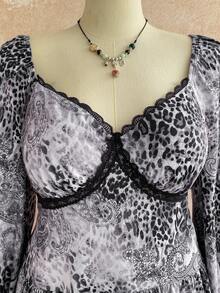 Soleia Plus Size Women Leopard Print Long Sleeve Asymmetrical Hem Mini Dress - Multicolor - View 5