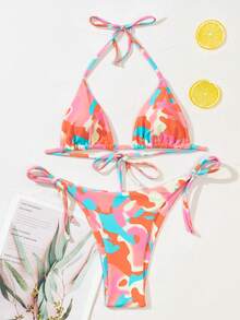 Camo Print Triangle Tie Side Bikini Set, For Summer Beach Vacation - Multicolor - View 3