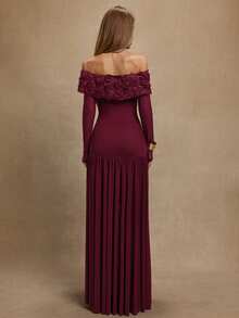 SHEIN BAE Abito da donna a maniche lunghe con spalle scoperte, in borgogna, con patchwork floreale 3D in rete, adatto per appuntamenti romantici, banchetti, eventi di compleanno, feste, occasioni formali, Ognissanti, Natale - Bordò - Visualizzare 3