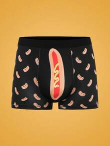Notgurli Men's Funny Cartoon Sausage & Hot Dog Print Colorblock Casual Comfortable Boxer Briefs - Black - View 9