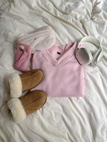 CovetEZ Moletom feminino folgado, casual, grande, com decote em V, ideal para outono/inverno, rosa