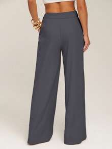 Silquee Quần ống rộng màu trơn đơn giản cho nữ, quần ống rộng, quần xếp ly, quần rộng cho mùa thu/đông - Màu xám đen - Xem 2