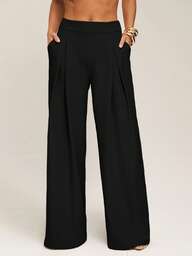 Silquee Women's Solid Color Straight Leg Pleated Pocket Loose Casual Pants Black Palazzo Pants Wide Leg Pants Loose Pants Black Dress Pants,Fall