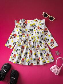 THE POWERPUFF GIRLS X SHEIN Baby Girl Sweet Cute Cartoon Blossom, Bubbles, Buttercup Pattern Ruffle Trim Long Sleeve Knit White Dress - Pink - View 3