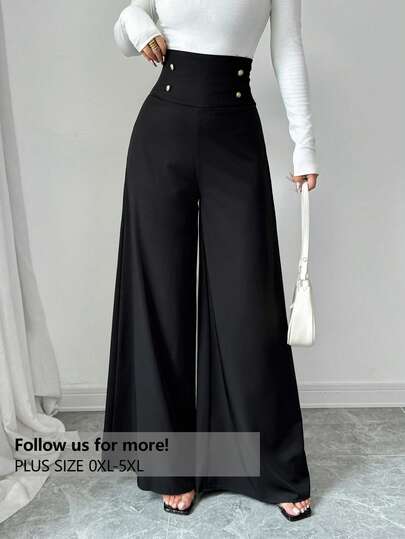 Firerie بنطلون نسائي واسع الساق ذو خصر عالي أنيق وأنيق للنساء ذوات الحجم الكبير، ملابس صيفية وخريفية بتصميم بسيط وأنيق للذهاب إلى العمل، بنطلون أسود